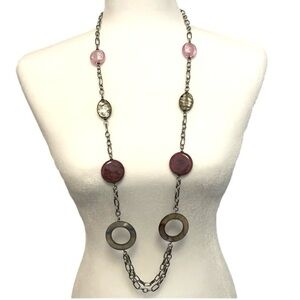 Long Statement Necklace Has Two Large Stones of Pink Tourmaline High Polish